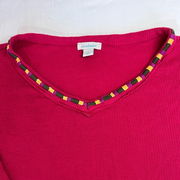 Sundance Red Thermal Waffle Weave Embroidered Cotton Top Shirt Women’s Large - Picture 3 of 9